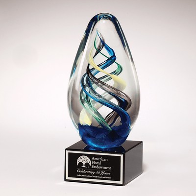 Blue, Green, Yellow & Black Swirl Teardrop Art Glass on Black Glass Base, 7-1/8"H