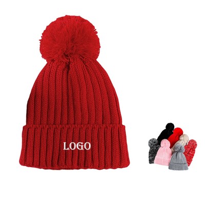 Children's Cuffed Knit Beanie W/Pom