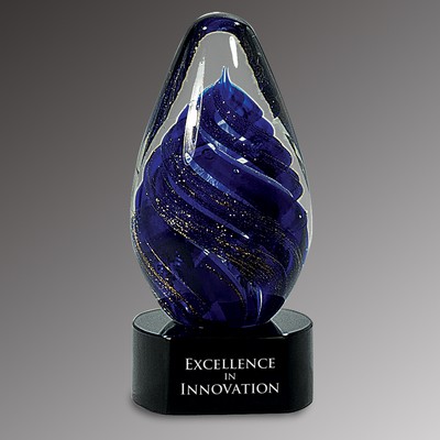 Navy Blue Teardrop Art Glass on Black Glass Base, 6-1/2"H